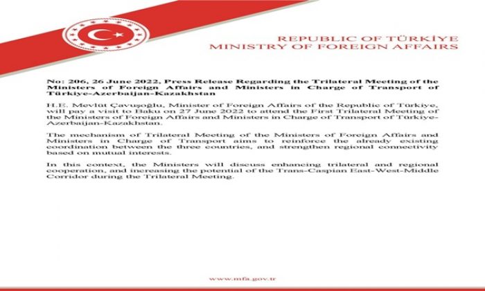 Press Release Regarding the Trilateral Meeting of the Ministers of Foreign Affairs and Ministers in Charge of Transport of Türkiye-Azerbaijan-Kazakhstan